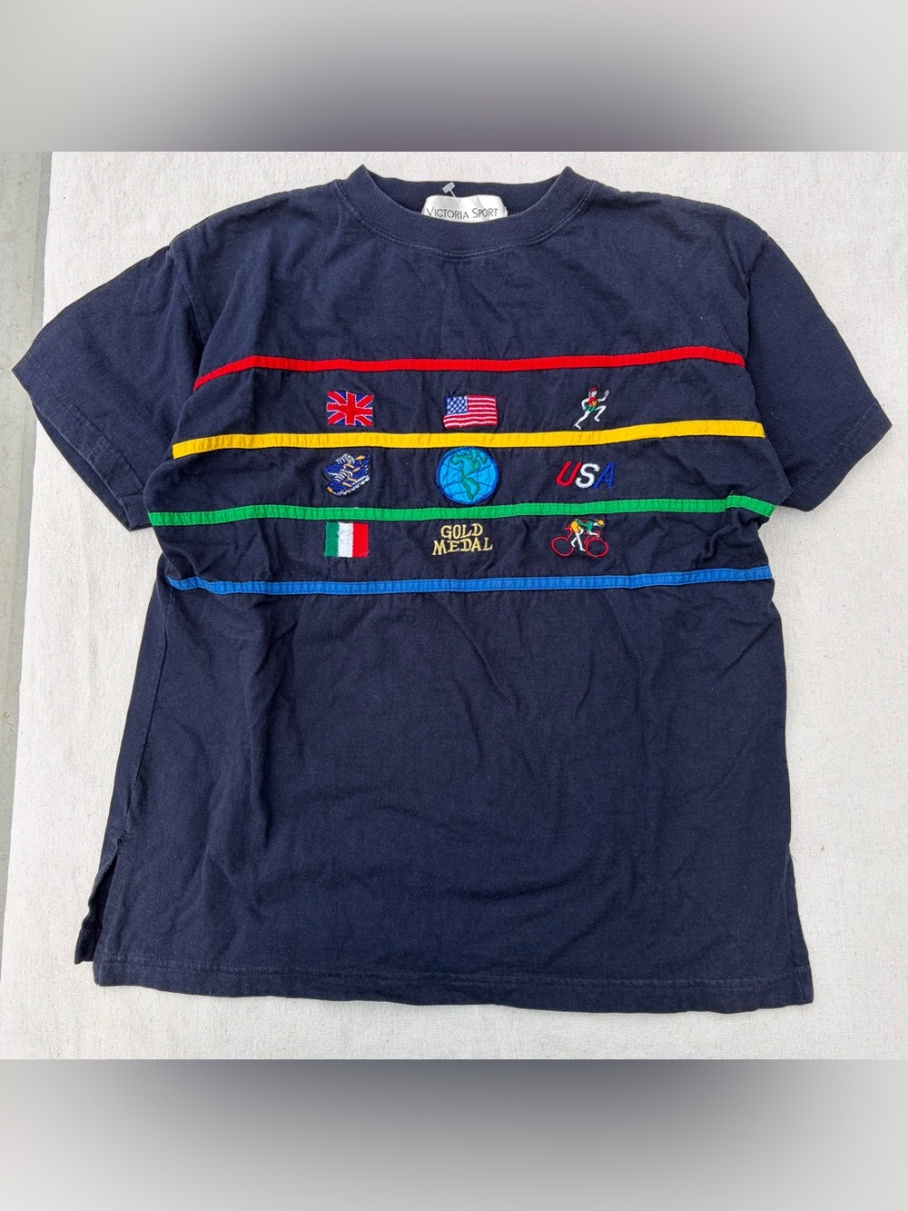 Vintage Victoria Sport Navy Embroidered Olympic Gold Medal Tee Sporty Streetwear